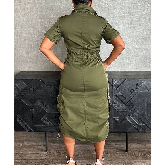 Rust Orange Multi-Pocket Cargo Drawstring Dress – Bold & Functional - Picture 14 of 16